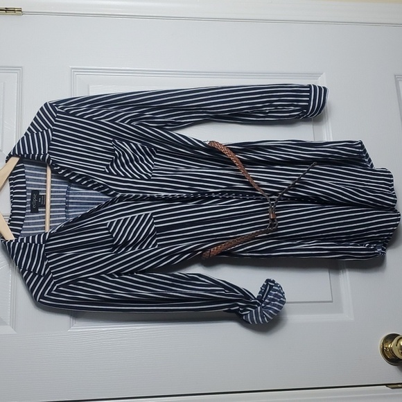 Eclipse Black and White Stipped Knit Belted Button Down Shirt Dress Size Medium - Picture 1 of 12